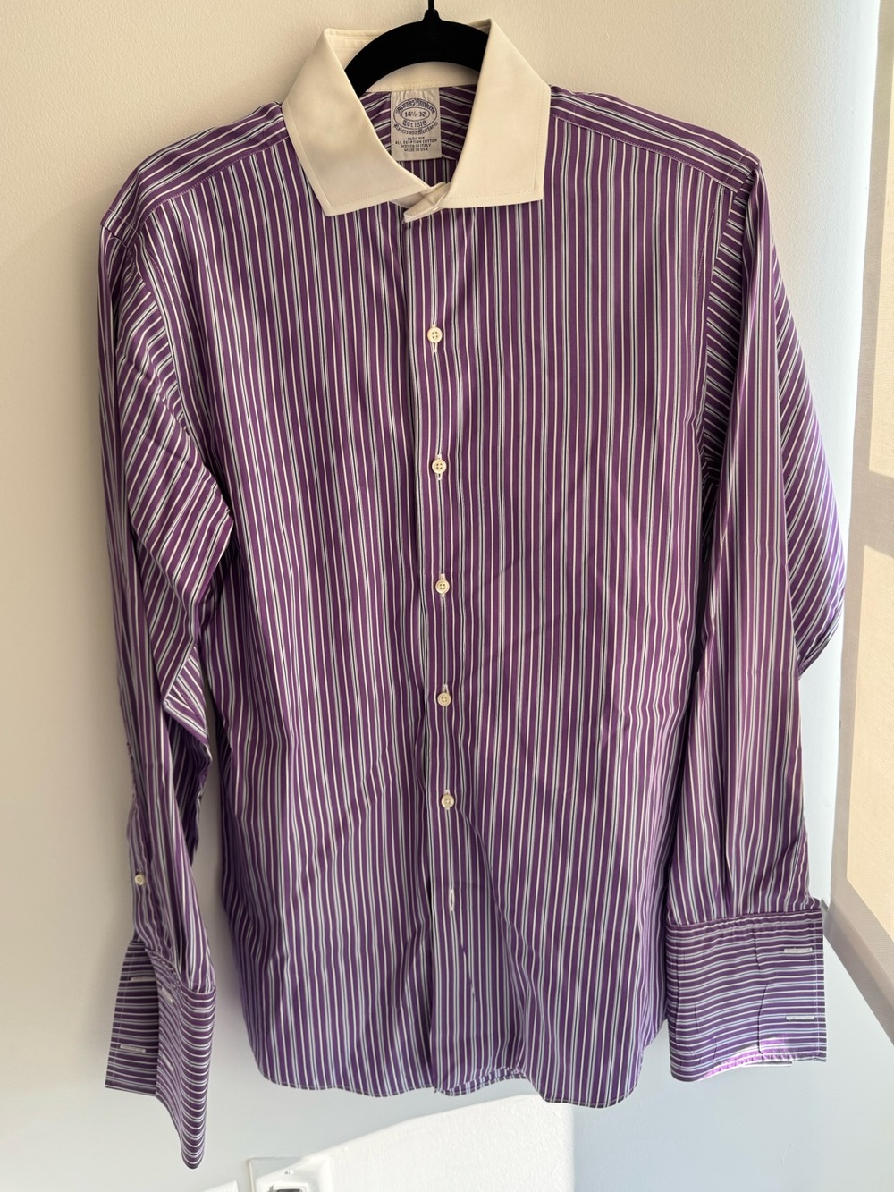 Brooks Brothers Purple Stripe Dress Shirt with White Contrast Collar
